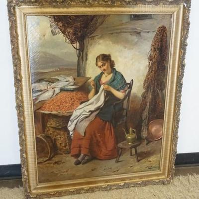 Sale Photo Thumbnail #49: 1049	OIL PAINTING ON CANVAS, IMAGE OF WOMAN SEWING IN A FISHING VILLAGE, ARTIST SIGNED, APPROXIMATELY 34 IN X 43 IN OVERALL, SOME LOSS TO PAINT
