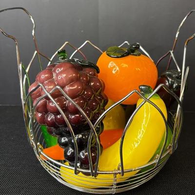 Group Of Decorative Murano Colored Glass Fruit & Wire Basket 