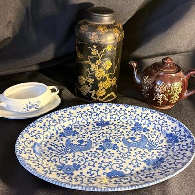  Misc Japanese Porcelain Pieces And Cherry Blossom Tin