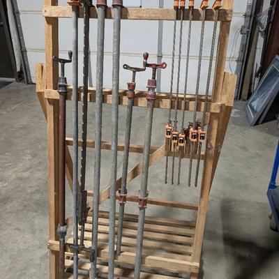 Group Of Bar & Pipe Clamps w/ Rolling Rack