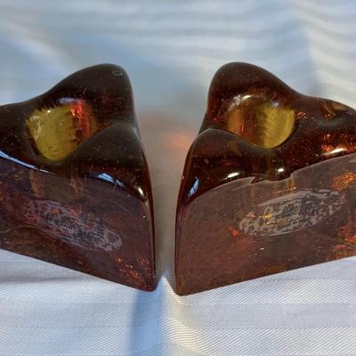 Mid Century Blenko Glass Amber Candle Holders 