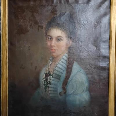Oil On Canvas Portrait Of A Young Woman With Corsage