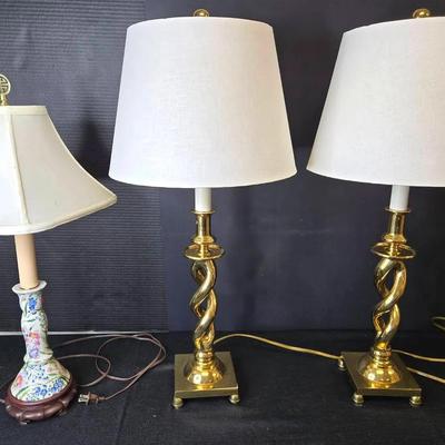 Pair Twist Brass Lamps & Painted Porcelain Lamp
