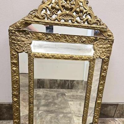Antique Repousse Brass & Beveled Glass Mirror