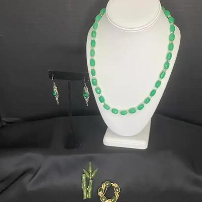 Jadeite Necklace and Bracelet with Costume Broaches and .925 Earrings