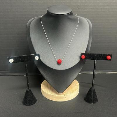 .925 Italy Chain With Red Touchstone Pendant And Two .925 Earring Pairs