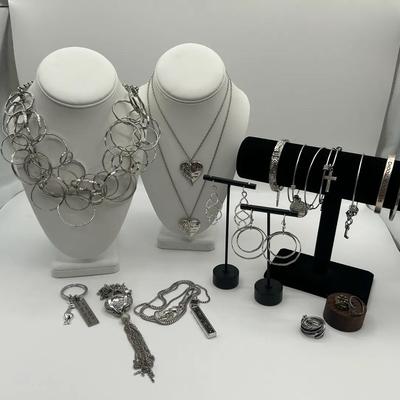 Silver Toned Chunky Costume Jewelry: Bangles, Necklaces, Earrings, Cuffs