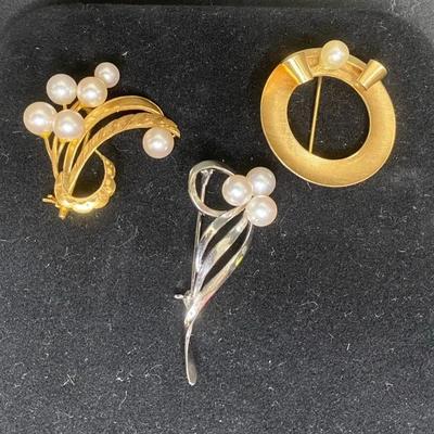 Gold Fill and Silver Broaches with Natural Pearl Accents