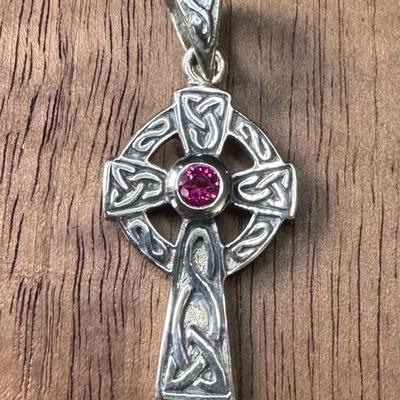 .925 Silver Gaelic Cross Pendant With Ruby