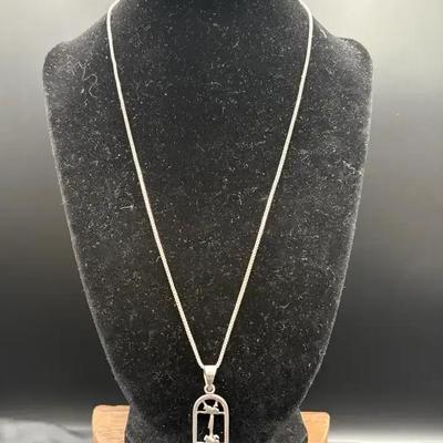 Egyptian Revival Hieroglyphic Cartouche Sterling Silver Pendant Necklace