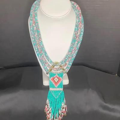 Beaded Pink and Teal Three Strand Necklace
