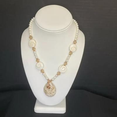 Pearl Necklace with Stone Pendant and Glass Shell Beads