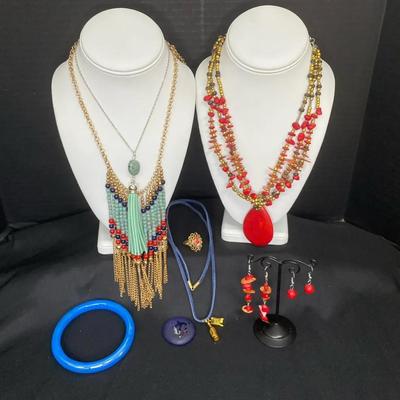 Uncas Manufacturing Costume Ring with Blue Glass Bangle, Beaded Necklaces and More