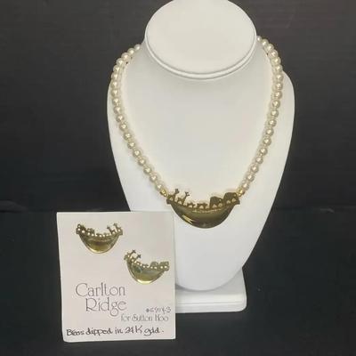 Carlton Ridge for Sutton Hoo Brass Dipped in 24k Gold Ark Earrings with Faux Pearl Necklace