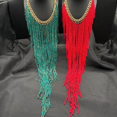 Pair Of Long Bohemian Multi-strand Seed Bead Fringe Statement Necklaces