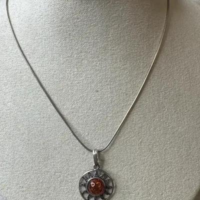 925 Silver Necklace With Sun Shaped Amber Pendant