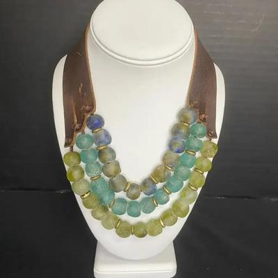 Stephanie Leigh Three-Strand Bead and Leather Krobo Necklace