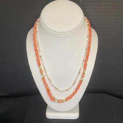 Vintage Pearl Necklace and Coral Necklace with Accent Pearls