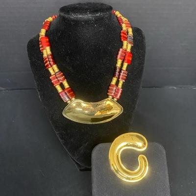 Carlton Ridge for Sutton Hoo Glass Bead Necklace with Brass Dipped 24k Gold Accent and Pin