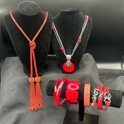 Red Costume Jewelry Featuring Coral Red Seed Beaded Necklace