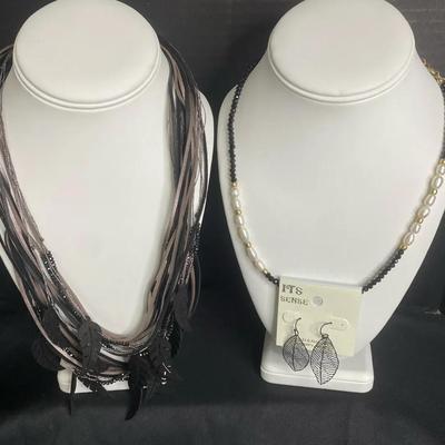 Black Glass and Pearl Beaded Necklace with Leather Necklace Leaf Earrings