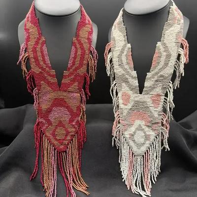 Handmade Woven Glass Seed Bead Tapestry Style Collar Necklaces With Tassels