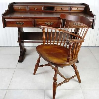 Antique Wooden Writing Desk + Spindle Back Chair