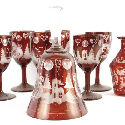 Egermann Bohemian Ruby Cut to Clear Glass Bell, Vase & Goblets - 8 Piece Set