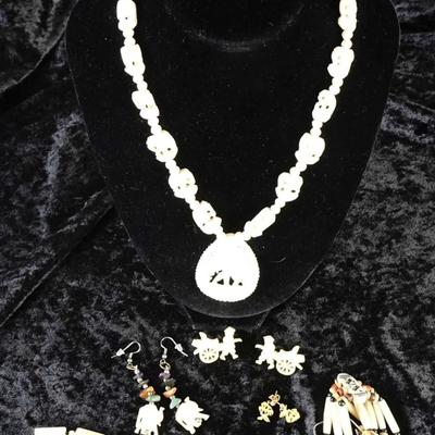 Vintage Hand-Carved Bone Elephant Jewelry Set | Necklace, Inlay Bracelet & Earrings | Boho