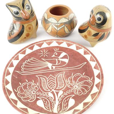 Mexican Tonala Pottery Birds + Vintage Stoneware Plate & Jar