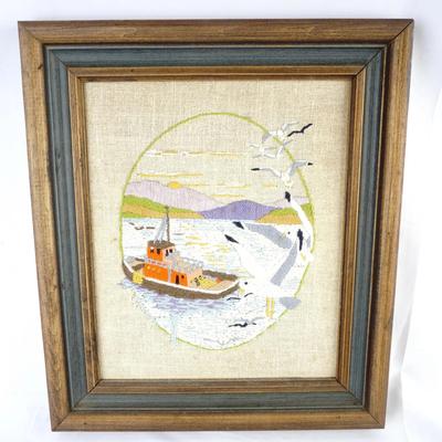 “Off Shore” Vintage Crewel Embroidery - Jonathan Livingston Seagull Collection 14”x16”