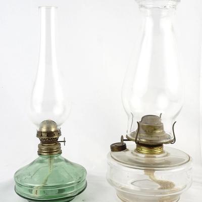 Pair of Antique Glass Oil Lamps: Emerald & Clear Glass Glow