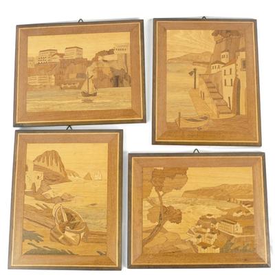 Set of 4 Vintage Italian Marquetry Inlaid Wood Wall Plaques