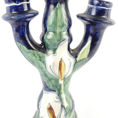 Talavera Mexican Folk Art Pottery 3-Arm Candelabra Candle Holder - Lily Motif