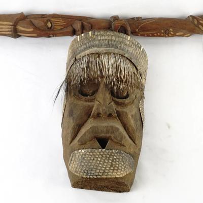 Hand-Carved African Tribal Wall Mask and Figurative Totem Staff