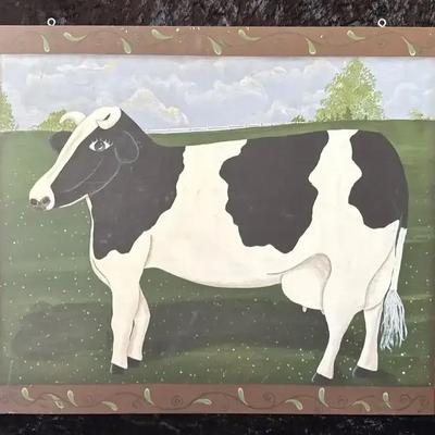 Double-Sided Folk Art Painting on Wood - Cow & Bluebirds 32”x25”