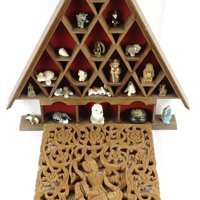 Hand-Carved Wooden Pagoda Display Shelf & Asian Decorative Figurines