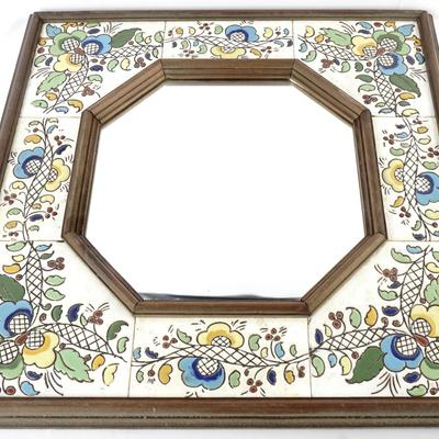Antique Spanish Mirror, Wood & Ceramic Multicolored Floral Motifs, circa 1965