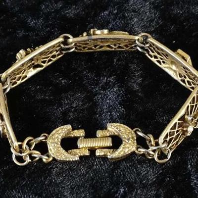 Vintage Goldette Bracelet Victorian Revival Multicolor Jadeite & Pearl Cabochons 6" Bracelet | 37.8g