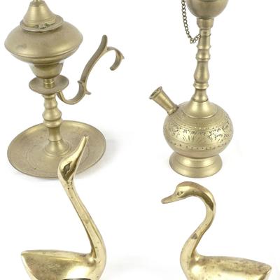 Ornate Vintage Brass Hookahs & Decorative Swan Figurines