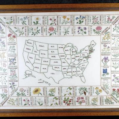 1960s/70s Crewel Embroidery United States Floral Map – 26" x 20"