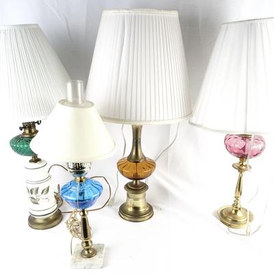 Four Multicolored Vintage Brass And Glass Statement Table Lamps