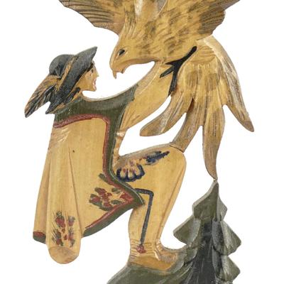 Hand-Carved Polish Folk Art Wooden Figurine Depicting A Person And An Eagle