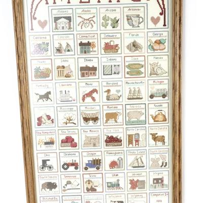 Framed "America Land That We Love" Vintage Sampler Needlepoint