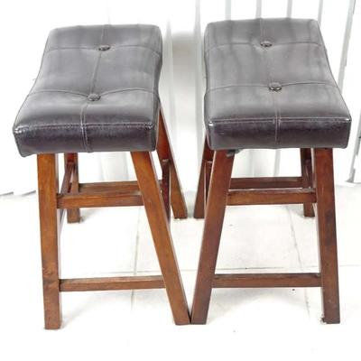 Pair of Backless Dark Brown Faux Leather Padded Barstools