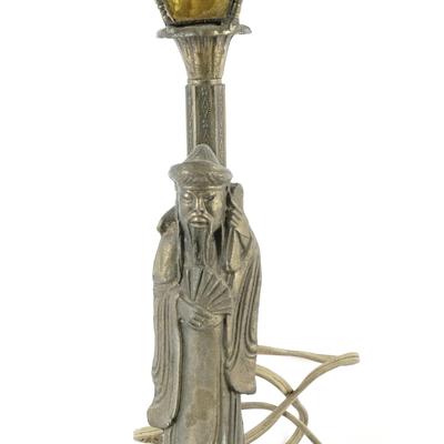 Figural Lamp Asian Man Spelter Antique Statue Amber Glass Lamp Works