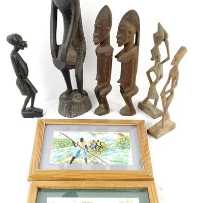 Watercolor Painting By Caribbean Artist Pierre-Henri Philippe + Hand-Carved African Sculptures