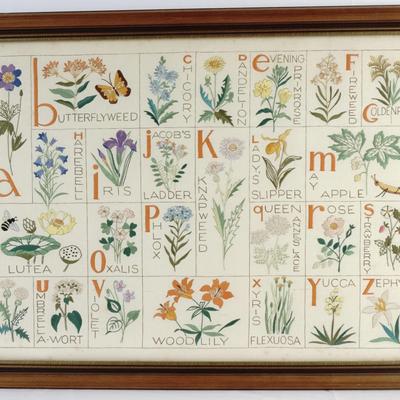 Vintage Needlepoint Botanical Alphabet Sewing Sampler on Linen Clare Zaknow 1970 27”x20” 