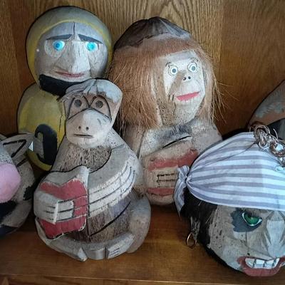 Hand Carved & Painted Vintage Coconut Heads