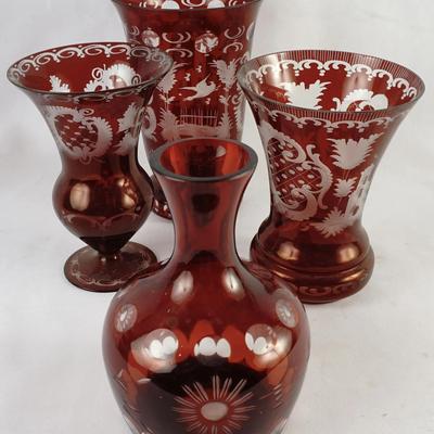 Egermann Bohemian Ruby Cut Glass Decanter & 3 Vases - 4 Piece Set